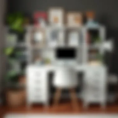 Organized workspace featuring a small white desk and file cabinet for productivity