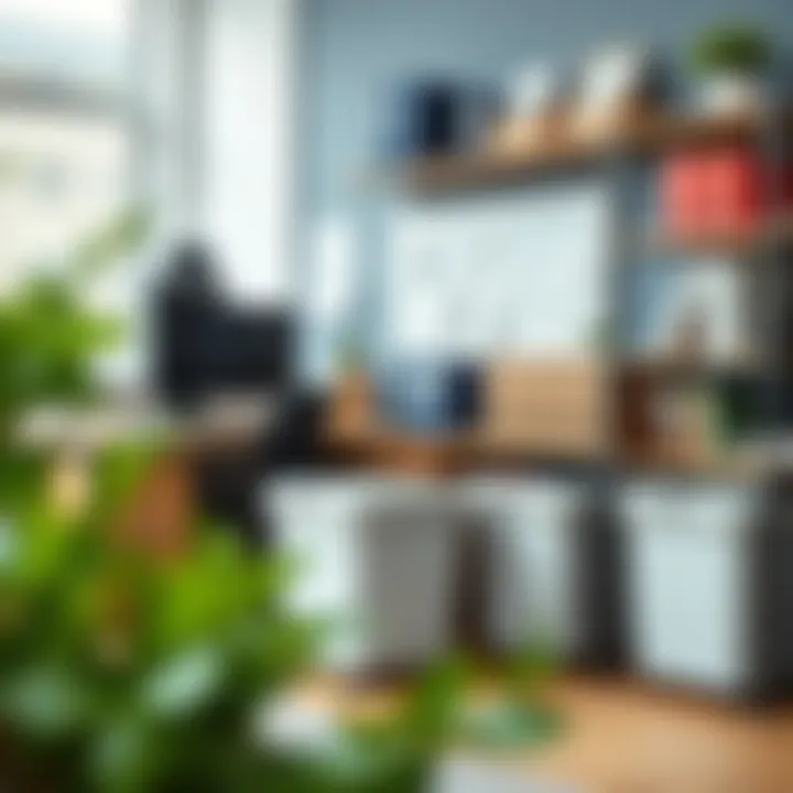 Organized office space with flip top lid storage bins showcasing efficiency