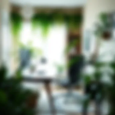 A stylish home office adorned with various indoor plants