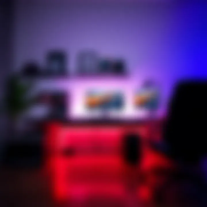 A modern gaming desk with LED lighting