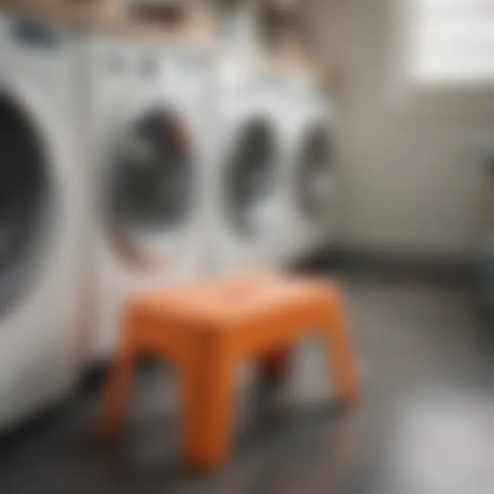 Colorful step stool enhancing laundry room functionality