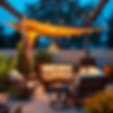 Cozy outdoor lounge area with plush seating and ambient lighting