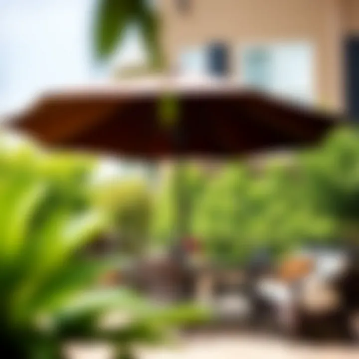 Durable patio umbrella providing shade over a dining area