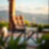 Padded folding chair on a patio with a scenic background