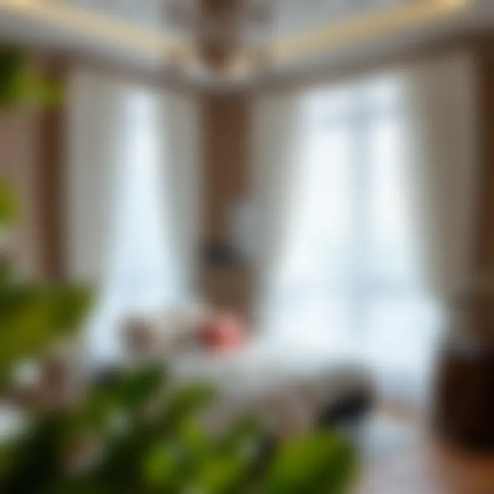 Chic Bedroom Enhanced by Sheer Drapery Stylish bedroom adorned with pinch pleat white sheer curtains