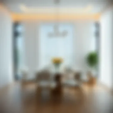 Contemporary Dining Space with Delicate Curtains Modern dining area featuring pinch pleat white sheer curtains