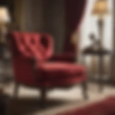 Elegant red club chair featuring intricate upholstery