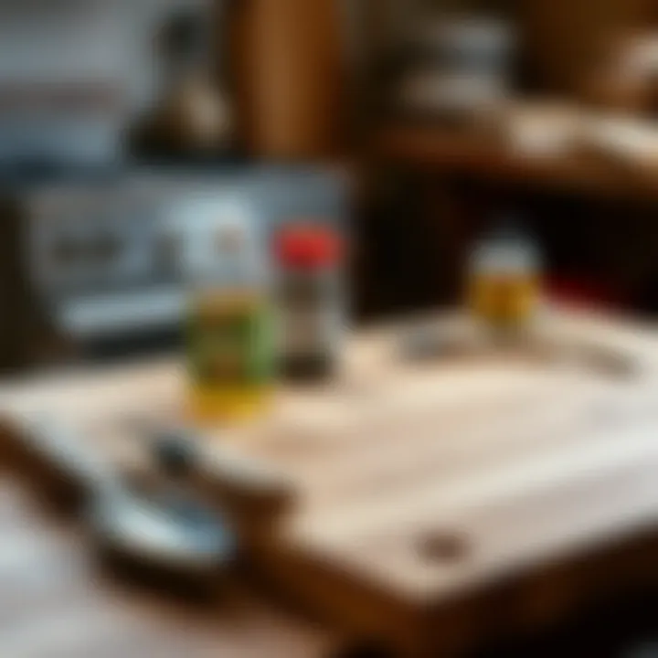 Essential Care for Red Oak Butcher Blocks Maintenance tools and oil next to a red oak butcher block, emphasizing care requirements