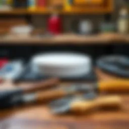 Ceramic stove top replacement tools laid out on a workbench