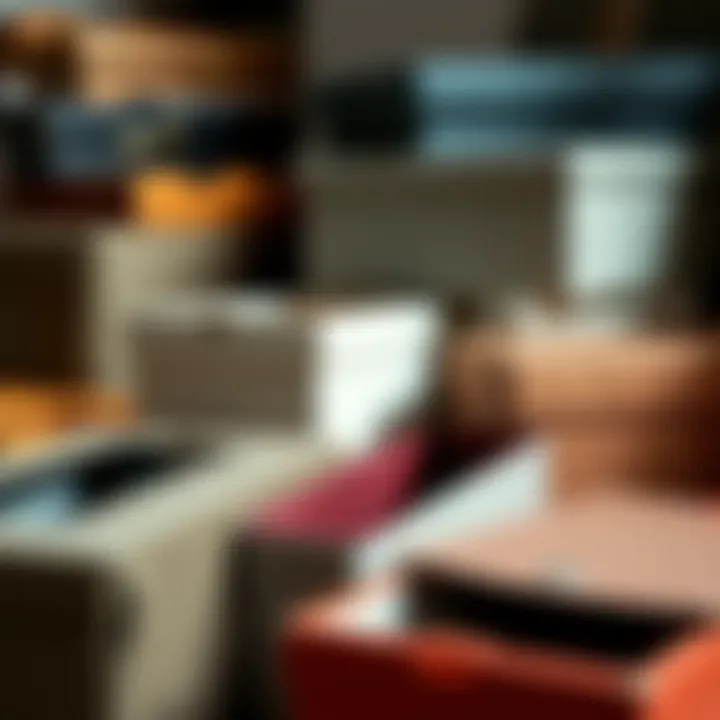 Close-up of diverse materials used in open front shoe boxes