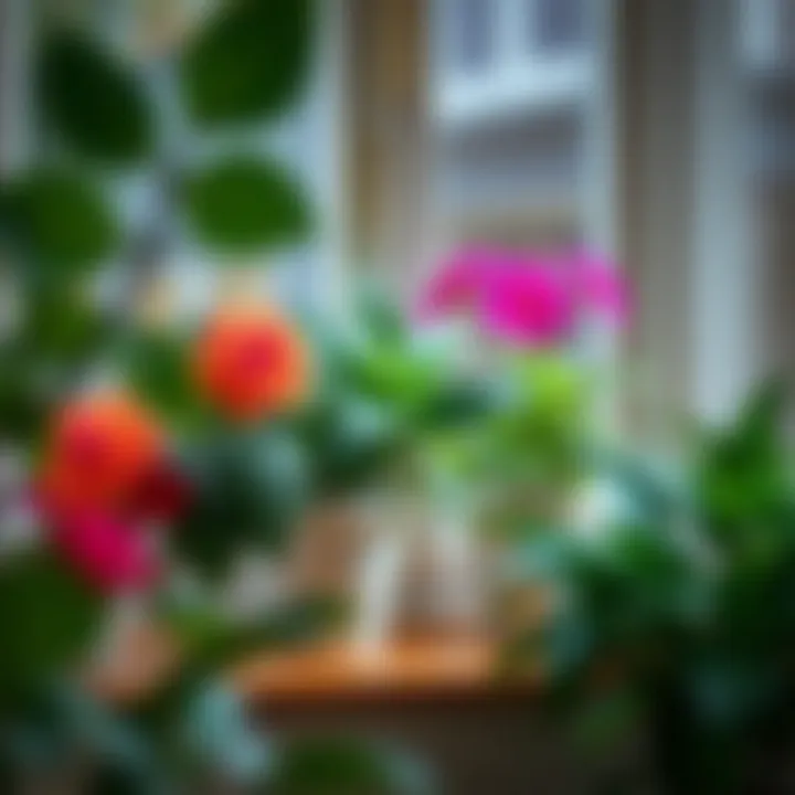 Close-up of vibrant plants on a window stand, showcasing their beauty