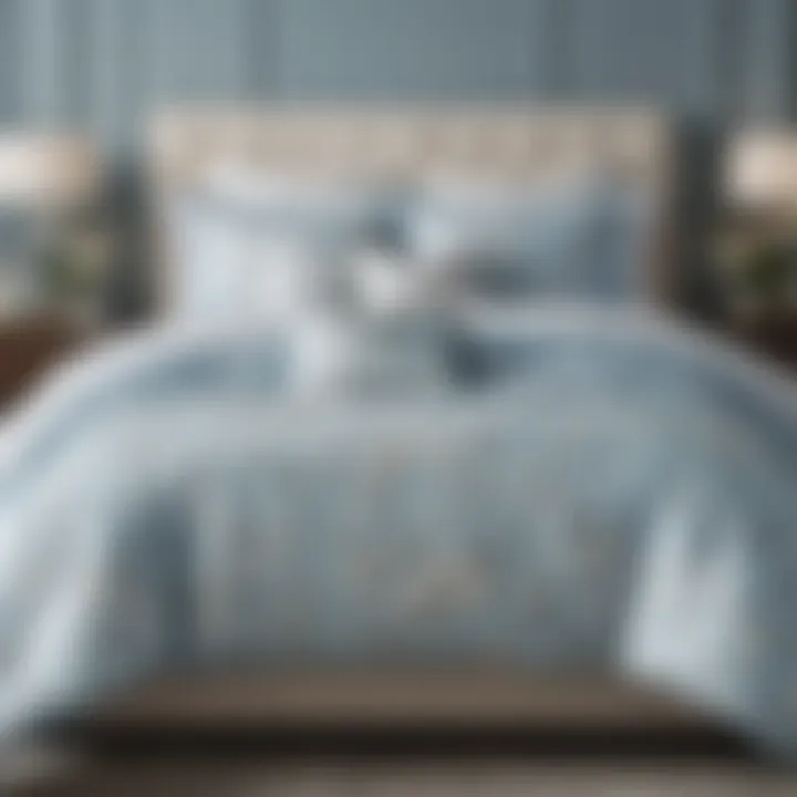 Stylish bedroom featuring light blue floral comforter with complementary decor