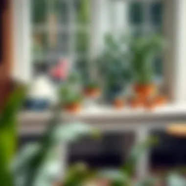 Chic Interior with Plant Bench A stylish interior featuring a window bench with a pleasing array of succulents and herbs.