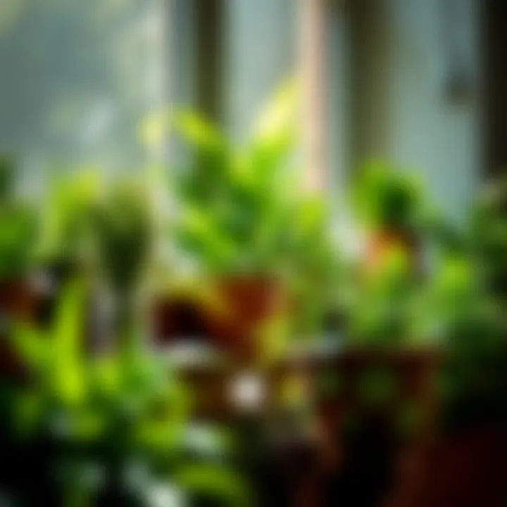 Sunlit Plant Growth Close-up of sunlight filtering through a window onto vibrant green plants on a bench.