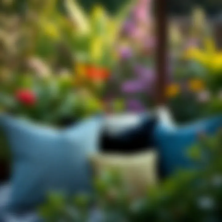 Sustainable outdoor pillow covers displayed in a garden