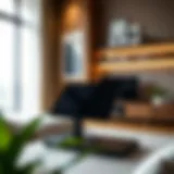 Sleek modern tabletop tablet stand in a contemporary living room setting