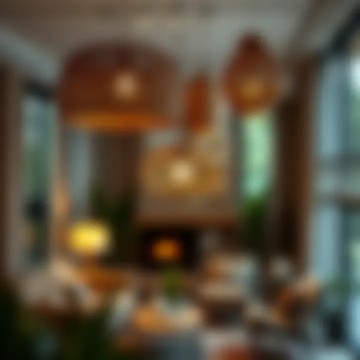 Cozy interior featuring woven hanging lamps as focal points