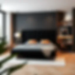 Elegant black tufted bed frame in a modern bedroom setting