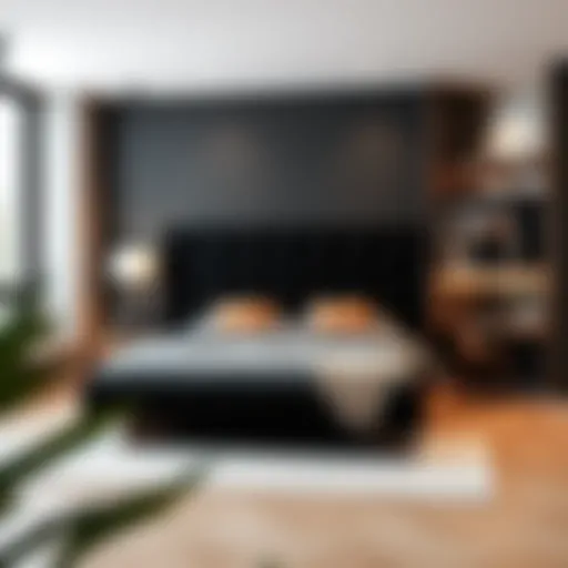 Elegant black tufted bed frame in a modern bedroom setting