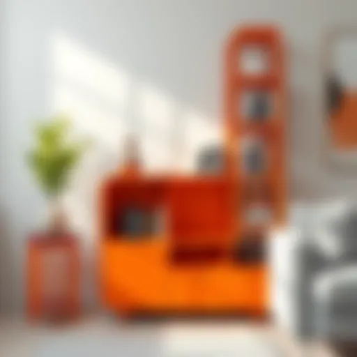 Contemporary orange metal bookcase with sleek lines