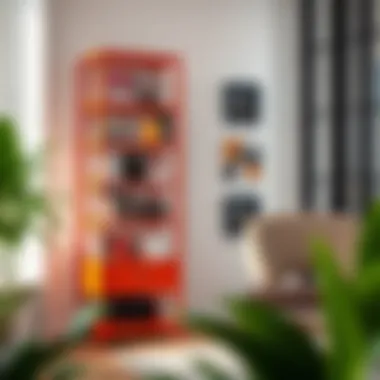 Stylish orange metal bookcase in a modern office