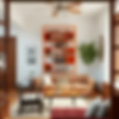 Traditional interior featuring an orange metal bookcase