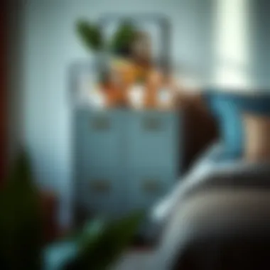 Elegant file cabinet with decorative plants beside a bed