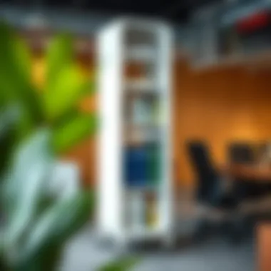 Functional white storage tower in a modern office environment