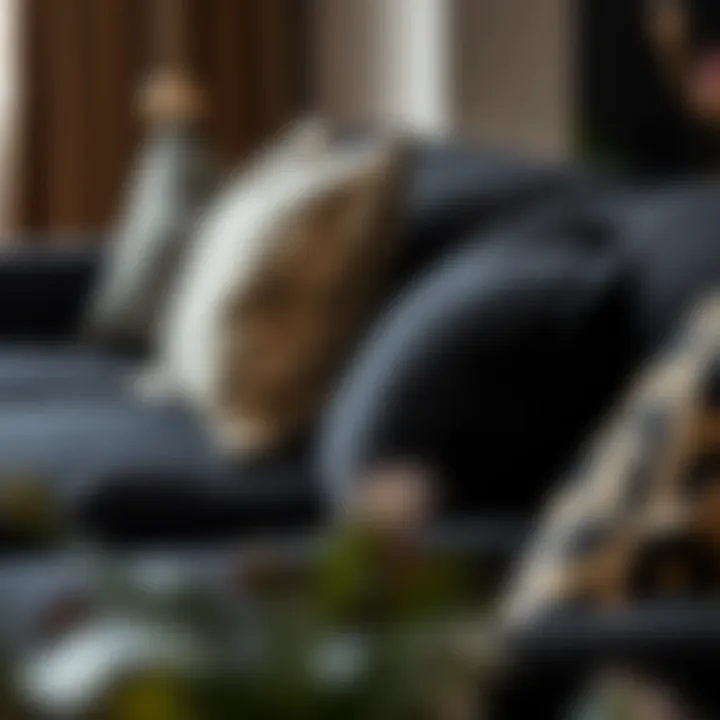 Detail of Comfy Black Couch with Stylish Accents Close-up of a black couch with decorative pillows