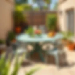 Contemporary plastic outdoor table set in a sunny patio