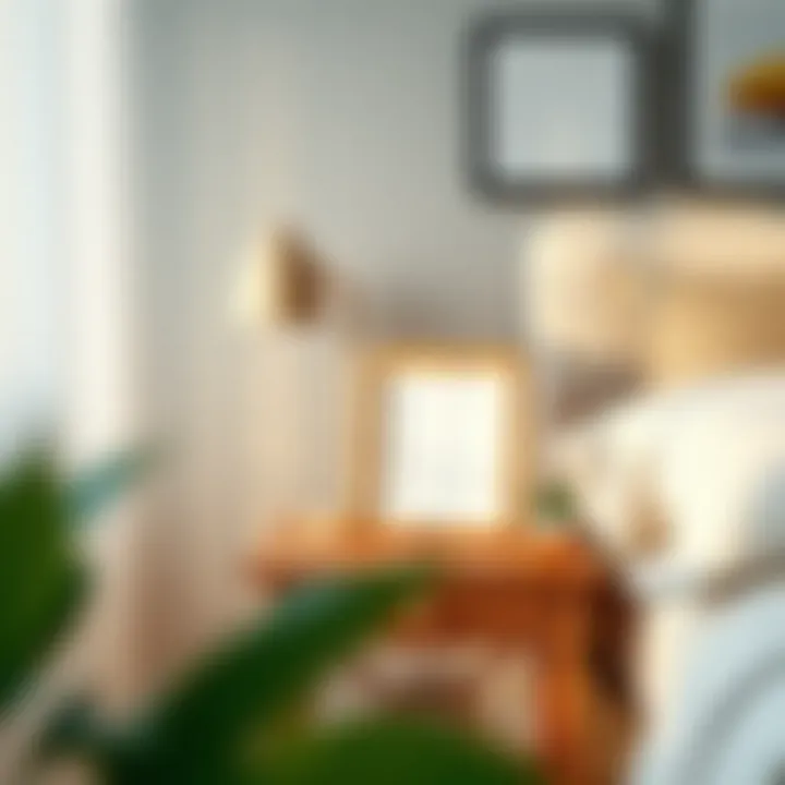 An inviting bedroom featuring a decorative 8 x 10 frame on a nightstand
