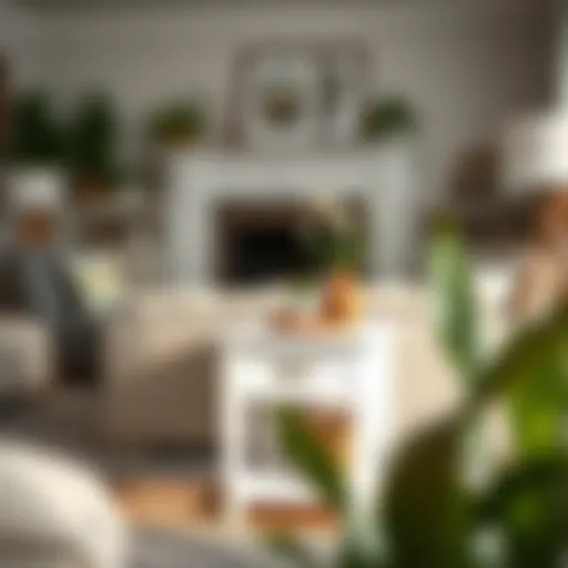 Stylish white farmhouse end table with drawer in a cozy living room