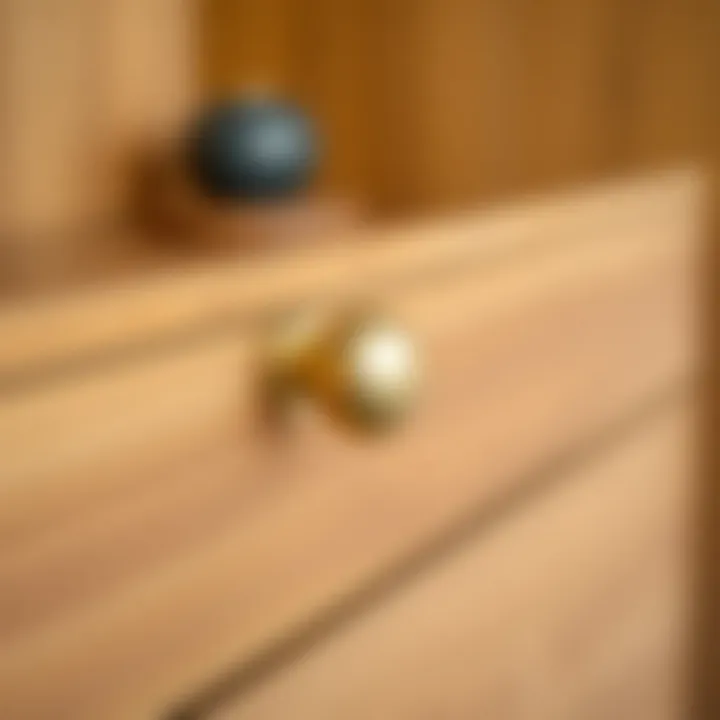Elegant three-inch gold drawer pull on a wooden cabinet