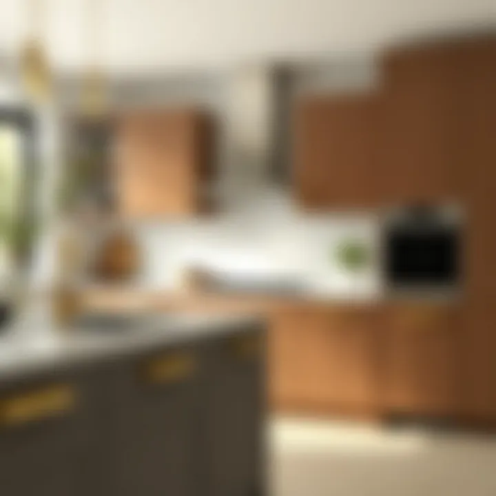 Contemporary kitchen featuring gold drawer pulls on cabinets