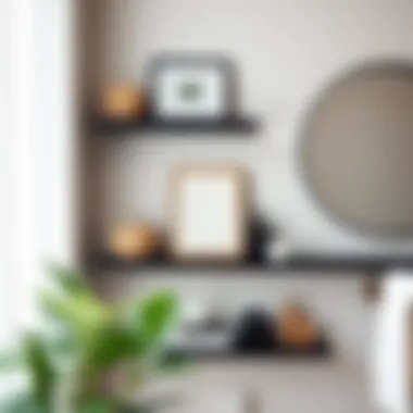 Close-up view of stylish black floating shelves displaying decorative items