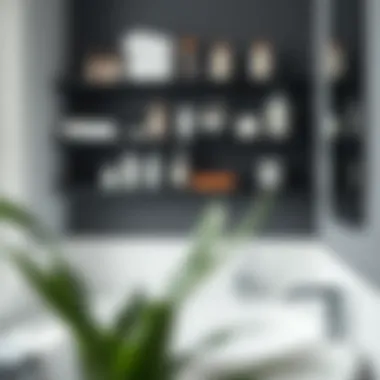 Black floating shelves showcasing organized bathroom essentials