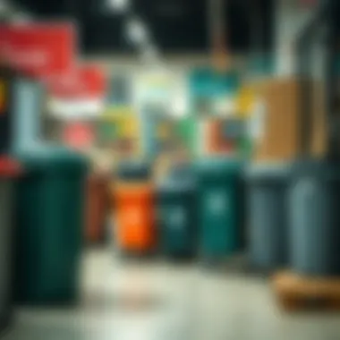 A variety of recycling bins in a retail setting