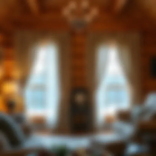 Elegant window curtains complementing a log cabin interior.