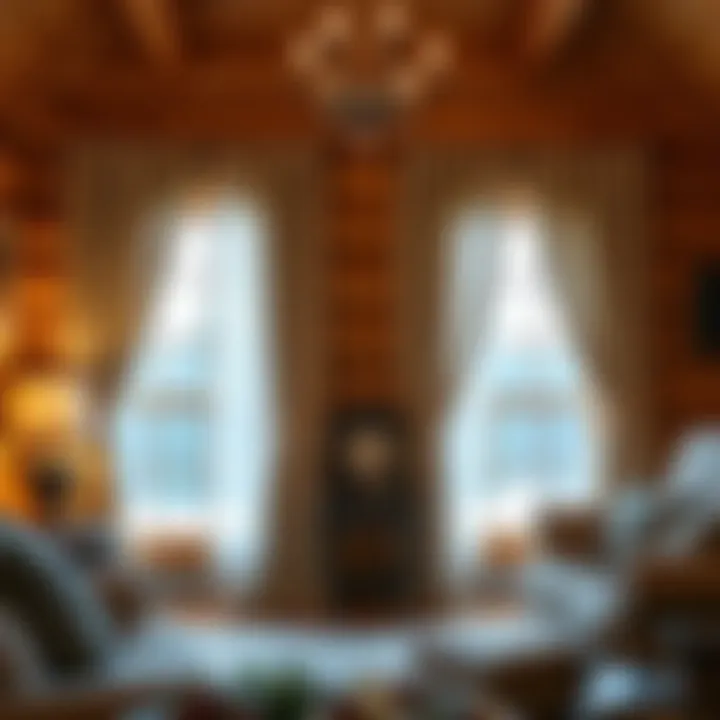 Elegant window curtains complementing a log cabin interior.